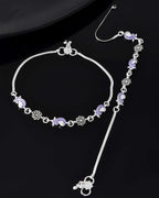 Jewels Nest Set of 2 Silver-Plated Stainless Steel Paisley & Floral Charm Anklets