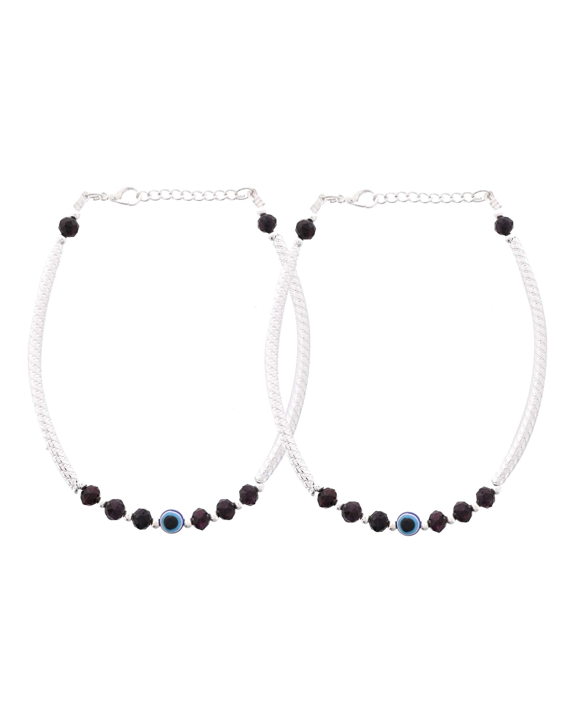 Jewels Nest Set of 2 Silver-Tone Stainless Steel Evil Eye Anklets with Beads