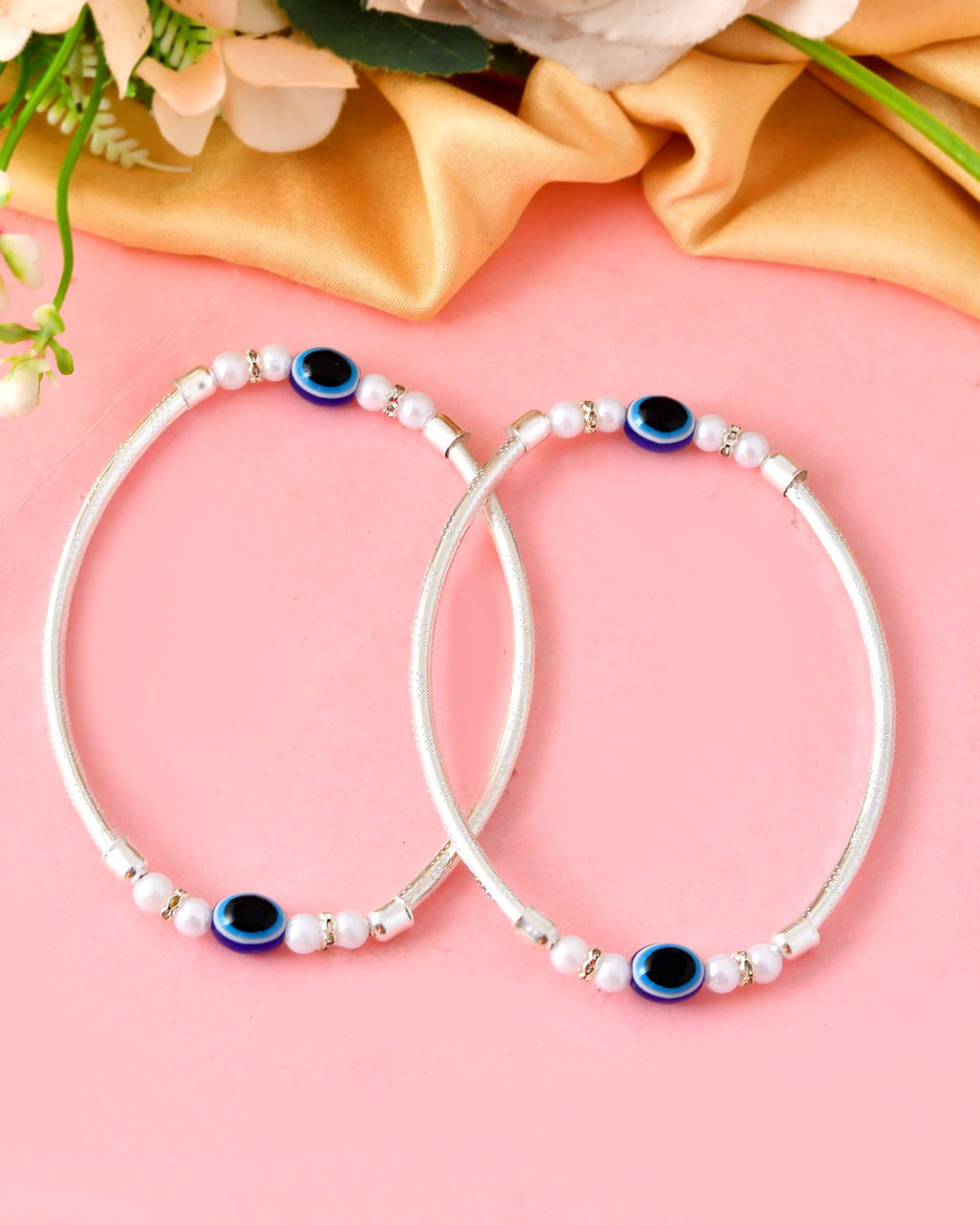 Jewels Nest Set of 2 Silver-Toned Anklets with Protective Evil Eye Beads | Grab2Buy