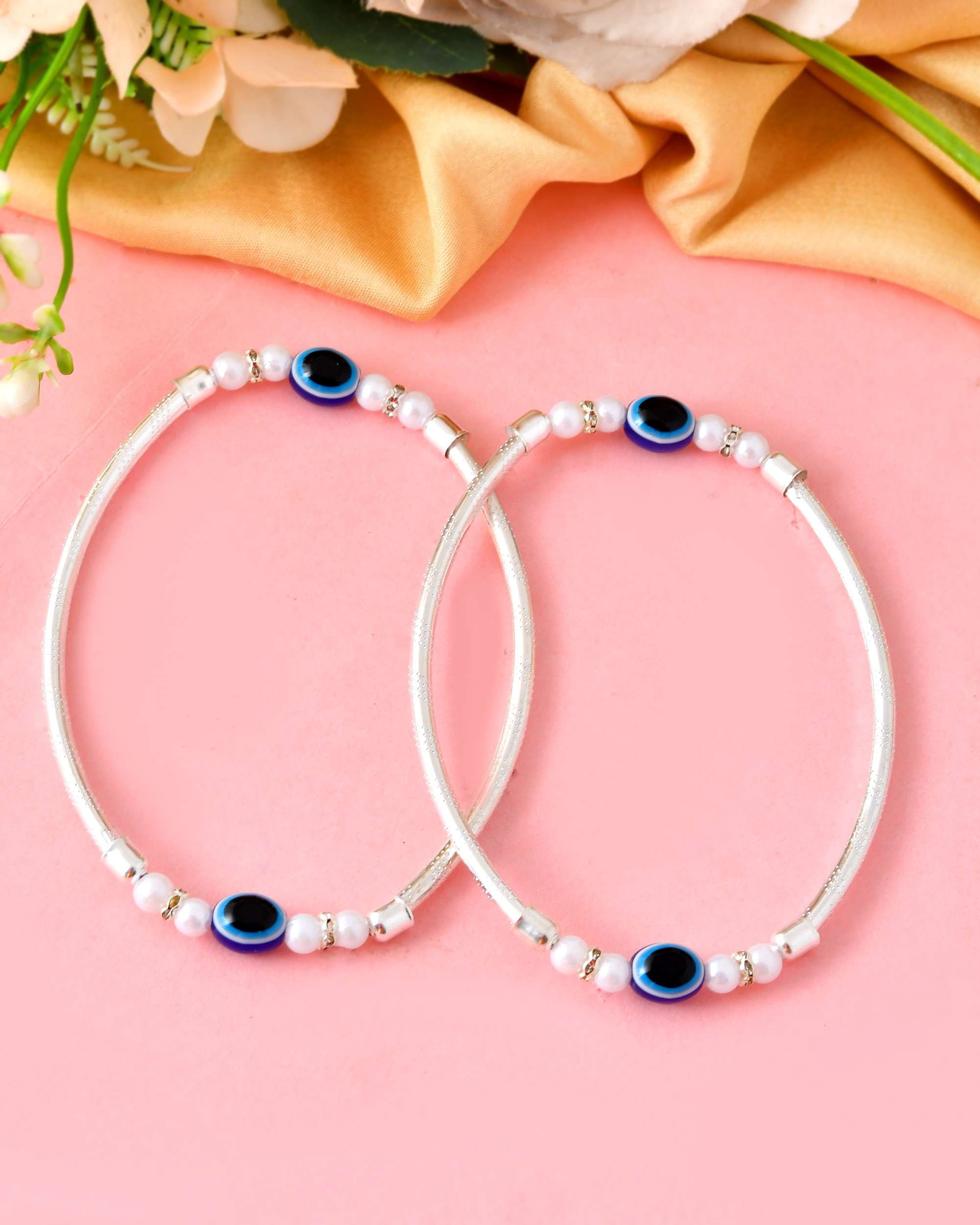 Jewels Nest Set of 2 Silver-Toned Anklets with Protective Evil Eye Beads | Grab2Buy