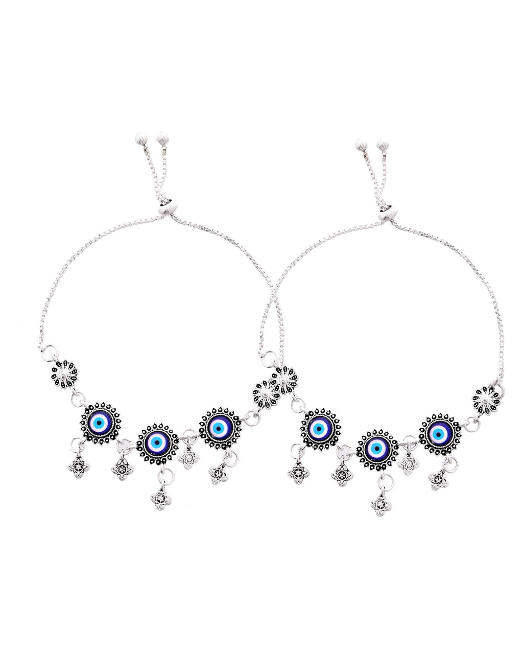Jewels Nest Set of 2 Silver-Plated Stainless Steel Evil Eye & Stone-Studded Beaded Anklets | Grab2Buy