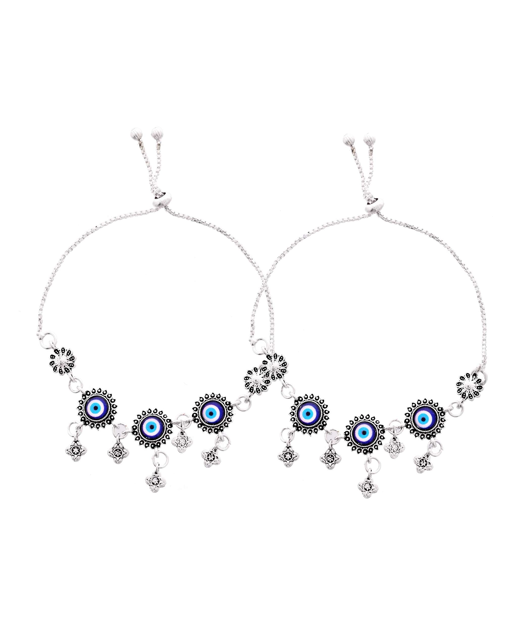 Jewels Nest Set of 2 Silver-Plated Stainless Steel Evil Eye & Stone-Studded Beaded Anklets | Grab2Buy