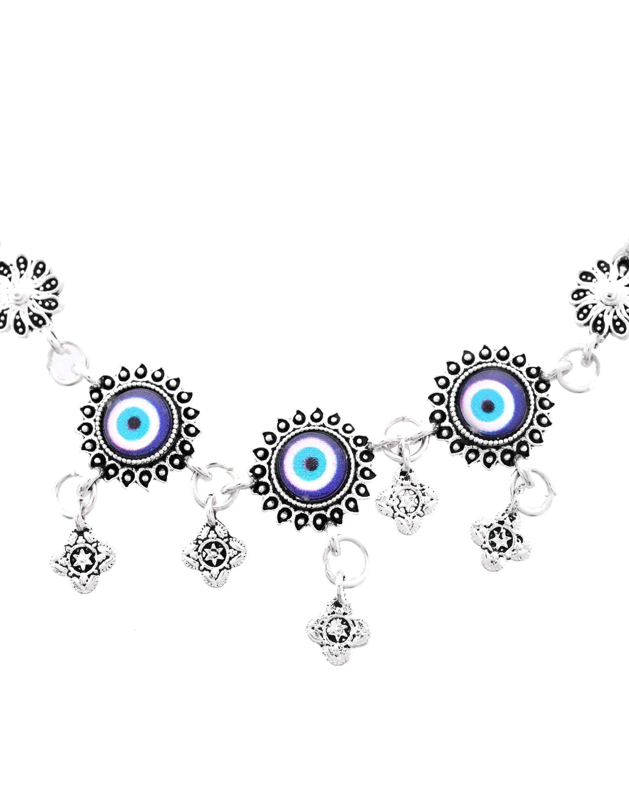 Jewels Nest Set of 2 Silver-Plated Stainless Steel Evil Eye & Stone-Studded Beaded Anklets | Grab2Buy