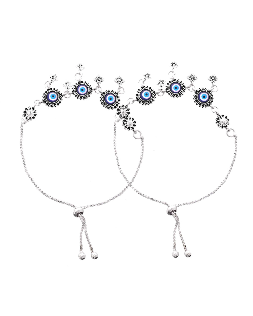 Jewels Nest Set of 2 Silver-Plated Stainless Steel Evil Eye & Stone-Studded Beaded Anklets | Grab2Buy
