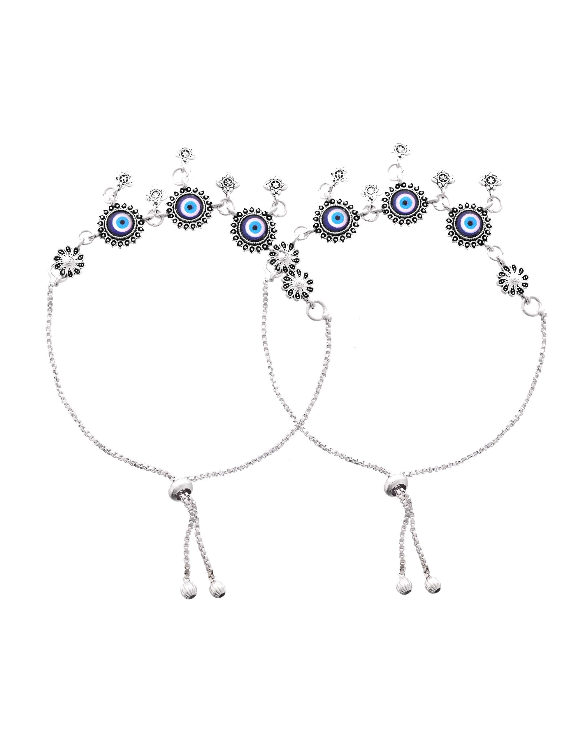 Jewels Nest Set of 2 Silver-Plated Stainless Steel Evil Eye & Stone-Studded Beaded Anklets | Grab2Buy