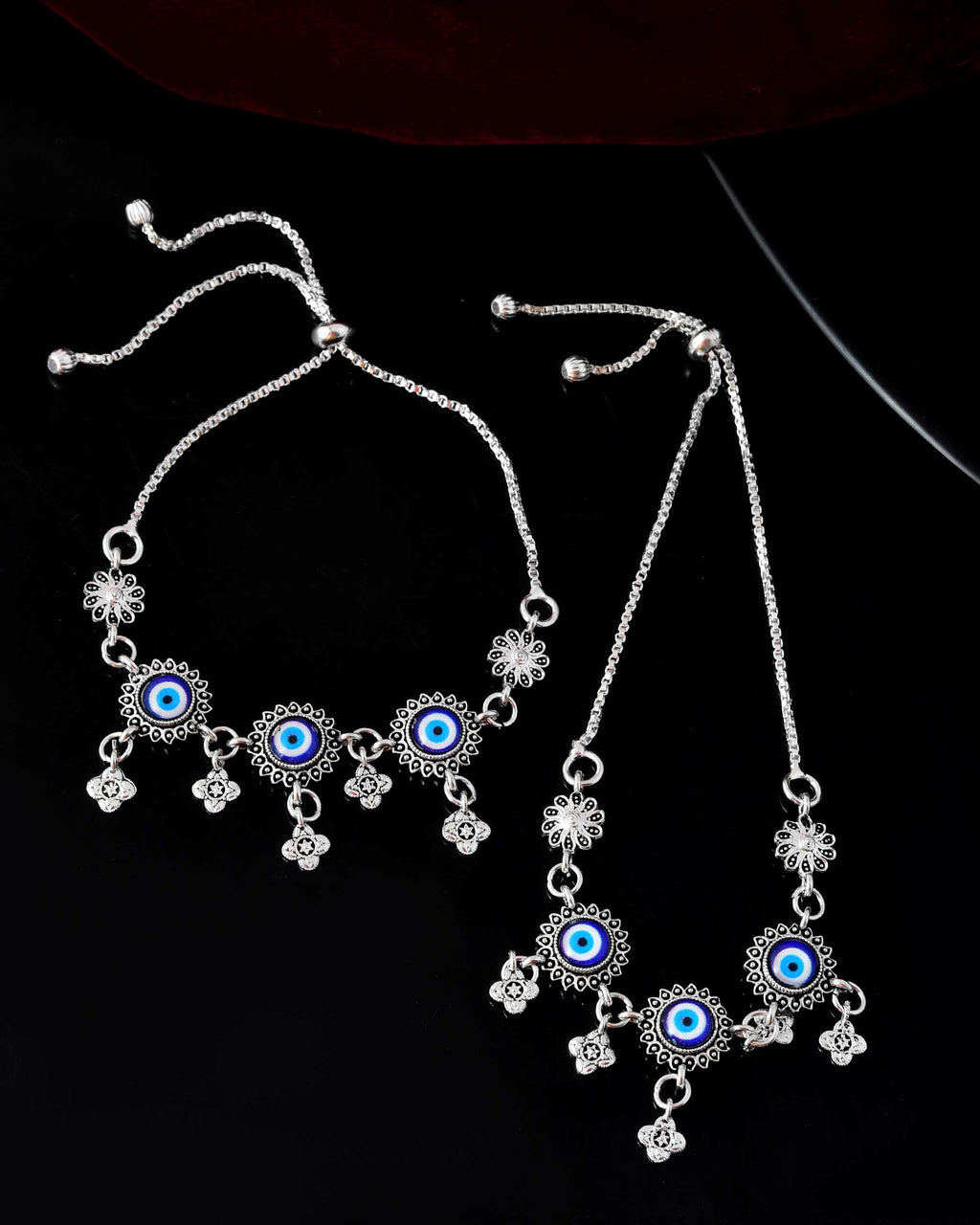 Jewels Nest Set of 2 Silver-Plated Stainless Steel Evil Eye & Stone-Studded Beaded Anklets | Grab2Buy
