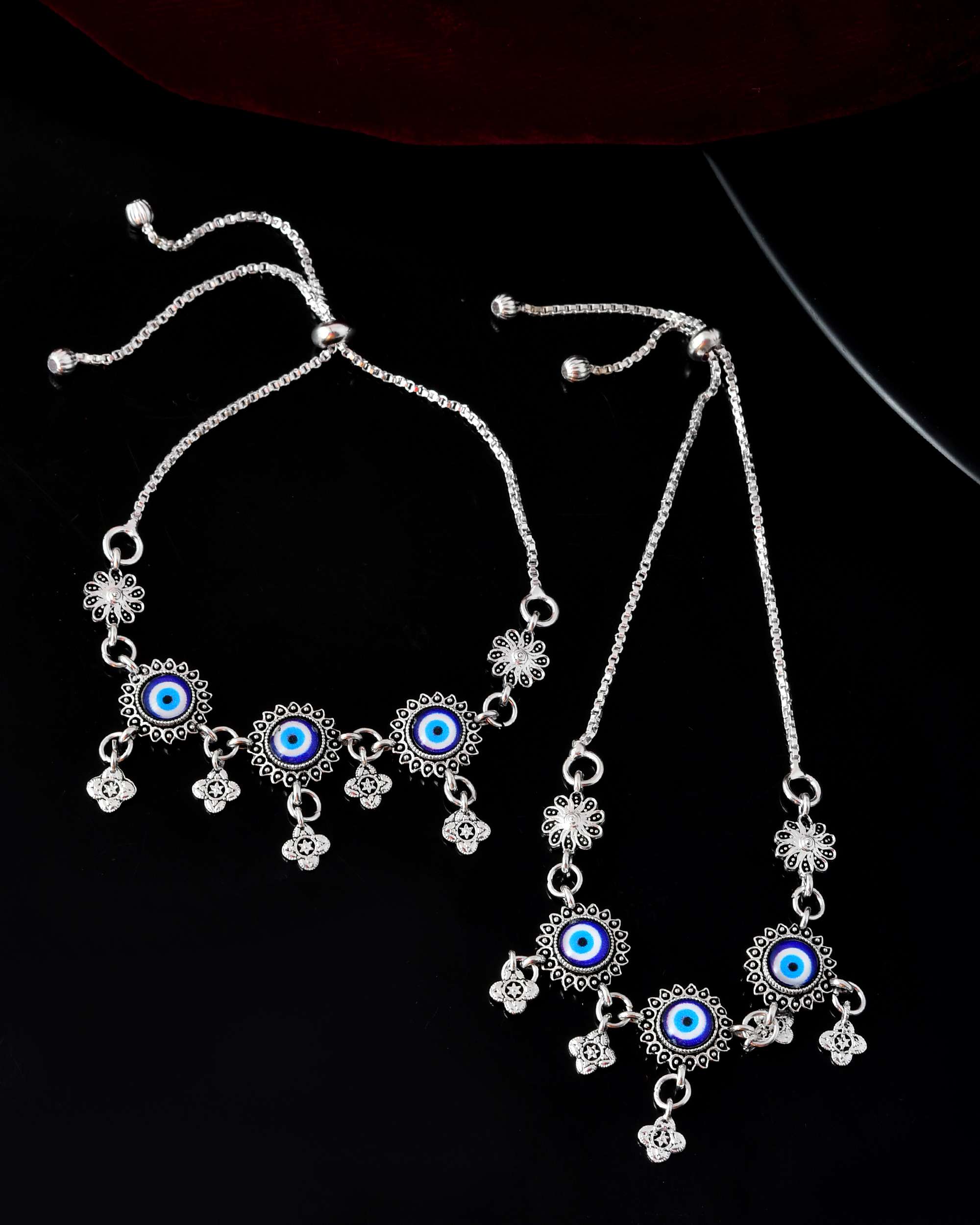 Jewels Nest Set of 2 Silver-Plated Stainless Steel Evil Eye & Stone-Studded Beaded Anklets | Grab2Buy