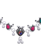 Jewels Nest Set of 2 Silver-Plated Green Stone & Bead Anklets in Stainless Steel