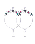 Jewels Nest Set of 2 Silver-Plated Green Stone & Bead Anklets in Stainless Steel