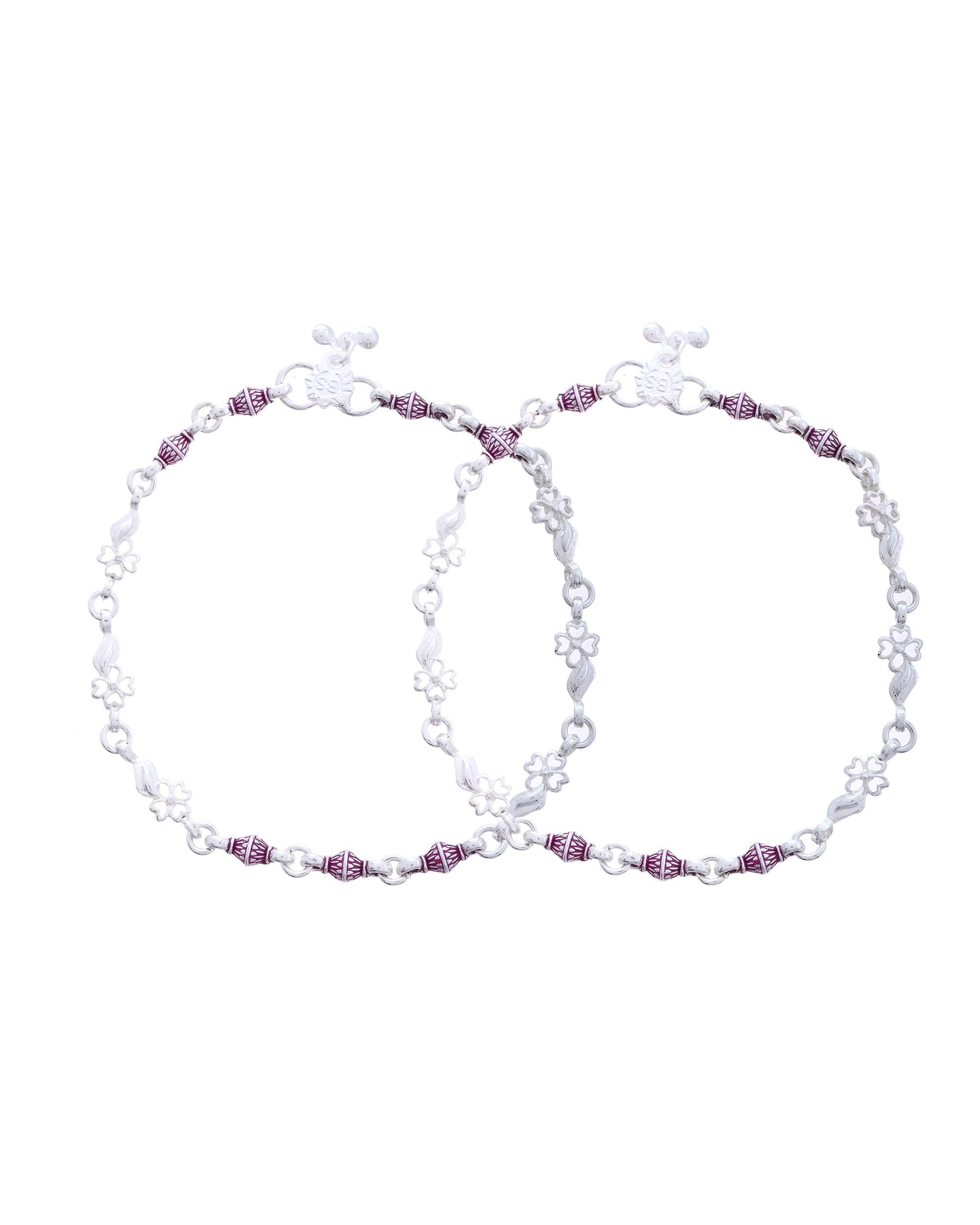 Jewels Nest Set of 2 Silver-Plated Stainless Steel Anklets with Pink Artificial Beads
