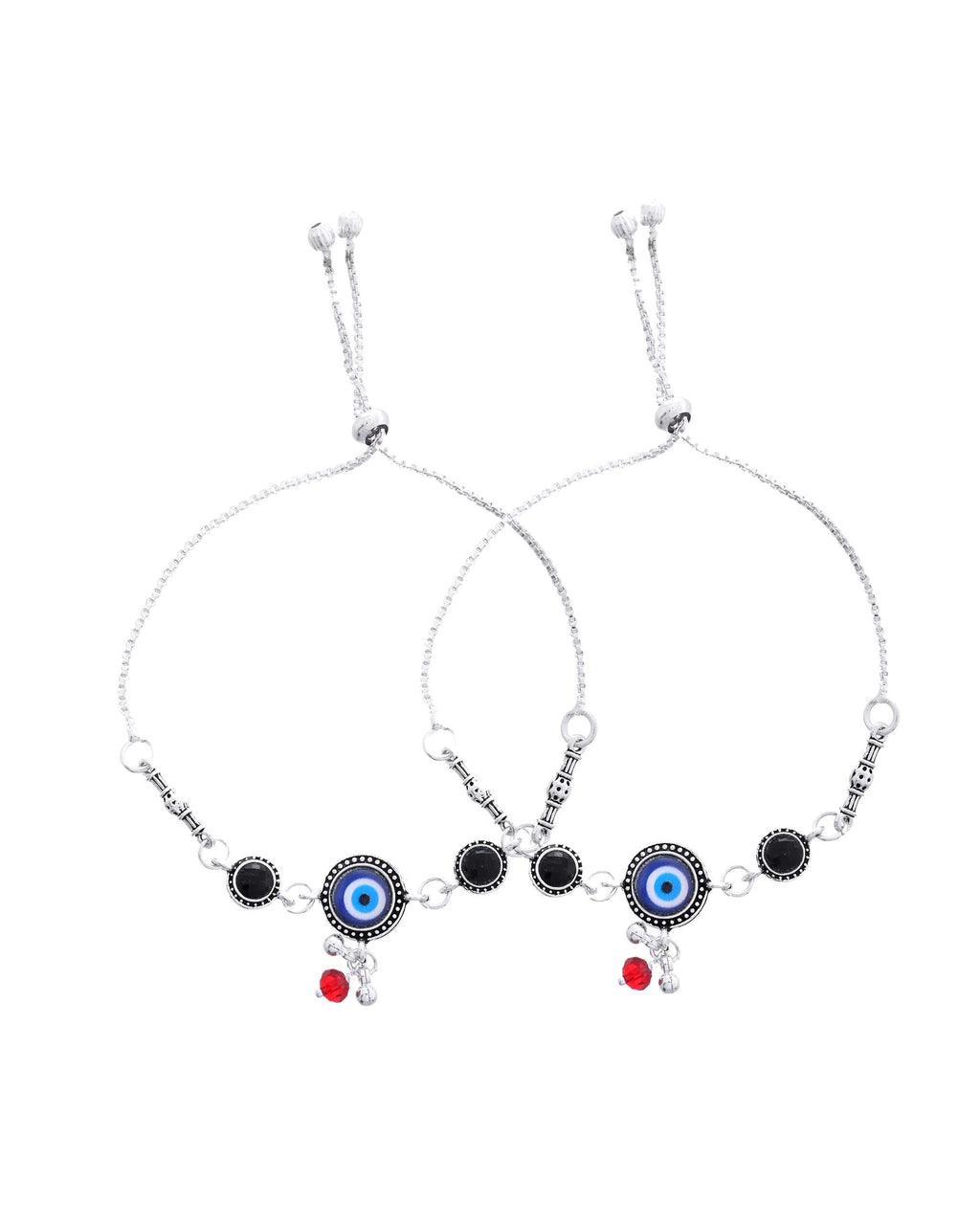 Jewels Nest Set of 2 Silver-Plated Beaded Anklets with Black & Blue Evil Eye Charms