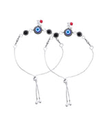 Jewels Nest Set of 2 Silver-Plated Beaded Anklets with Black & Blue Evil Eye Charms
