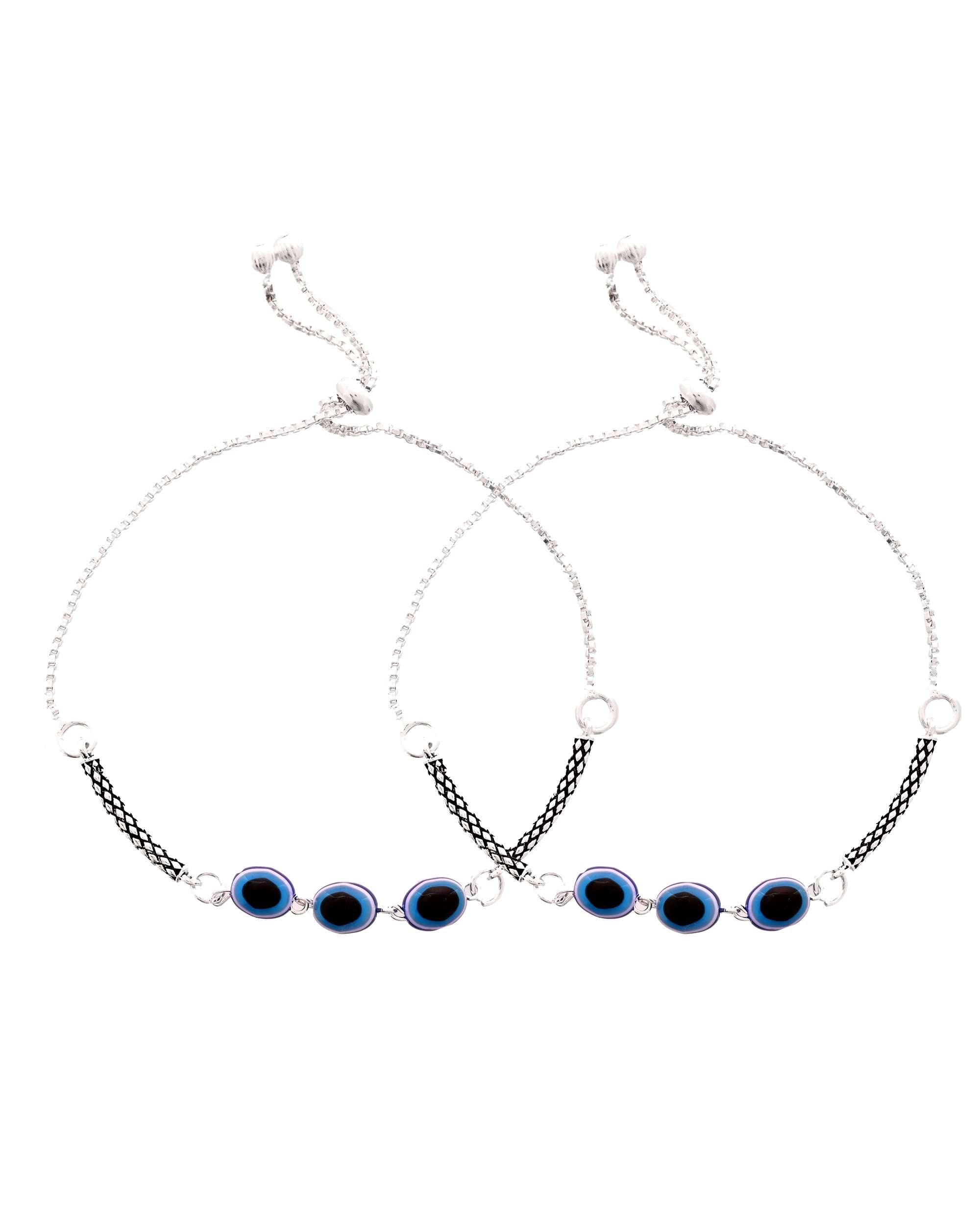 Jewels Nest Set of 2 Silver-Plated Stainless Steel Evil Eye Oval Beaded Anklets