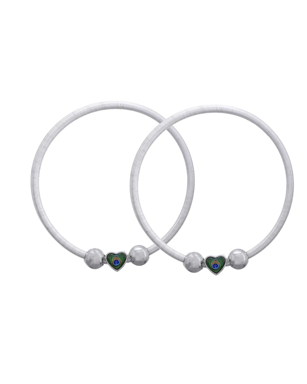 Jewels Nest Set of 2 Silver-Plated Stainless Steel Heart-Shaped Peacock Stone Beaded Anklets