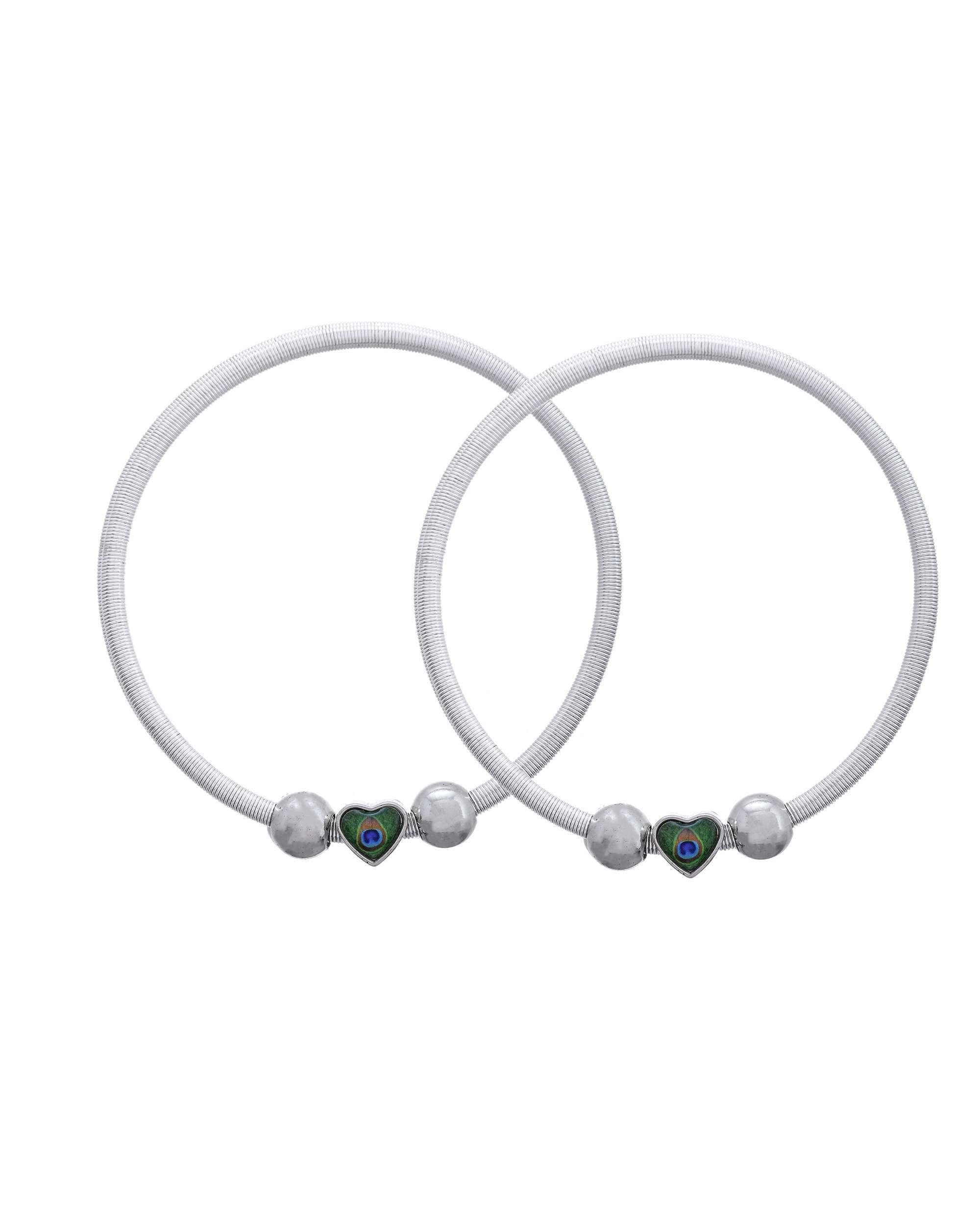Jewels Nest Set of 2 Silver-Plated Stainless Steel Heart-Shaped Peacock Stone Beaded Anklets