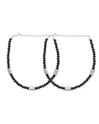 Jewels Nest Set of 2 Silver-Plated Anklets with Polished Black Beads and Barrel Charms