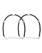 Jewels Nest Set of 2 Silver-Plated Anklets with Polished Black Beads and Barrel Charms