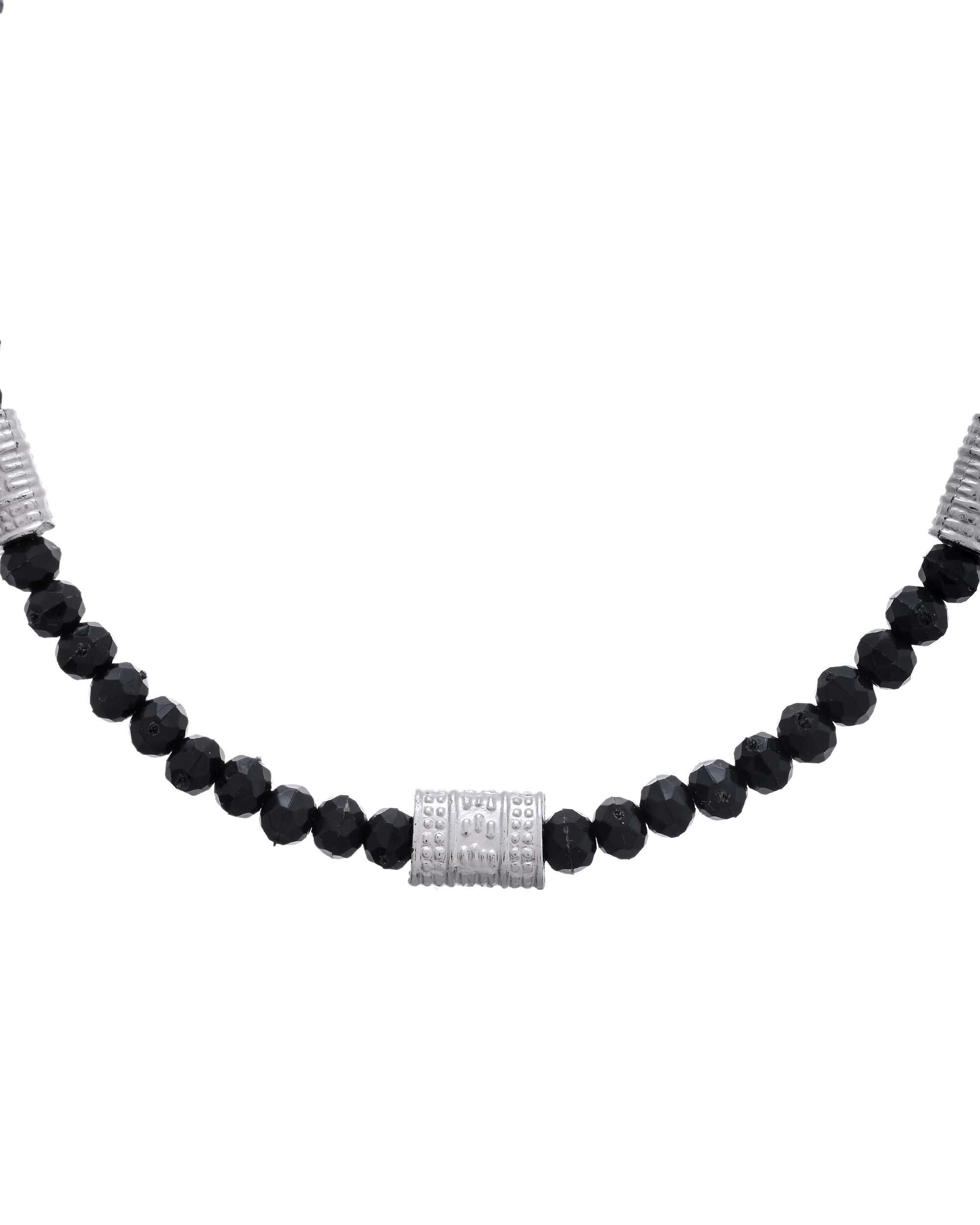 Jewels Nest Set of 2 Silver-Plated Anklets with Polished Black Beads and Barrel Charms