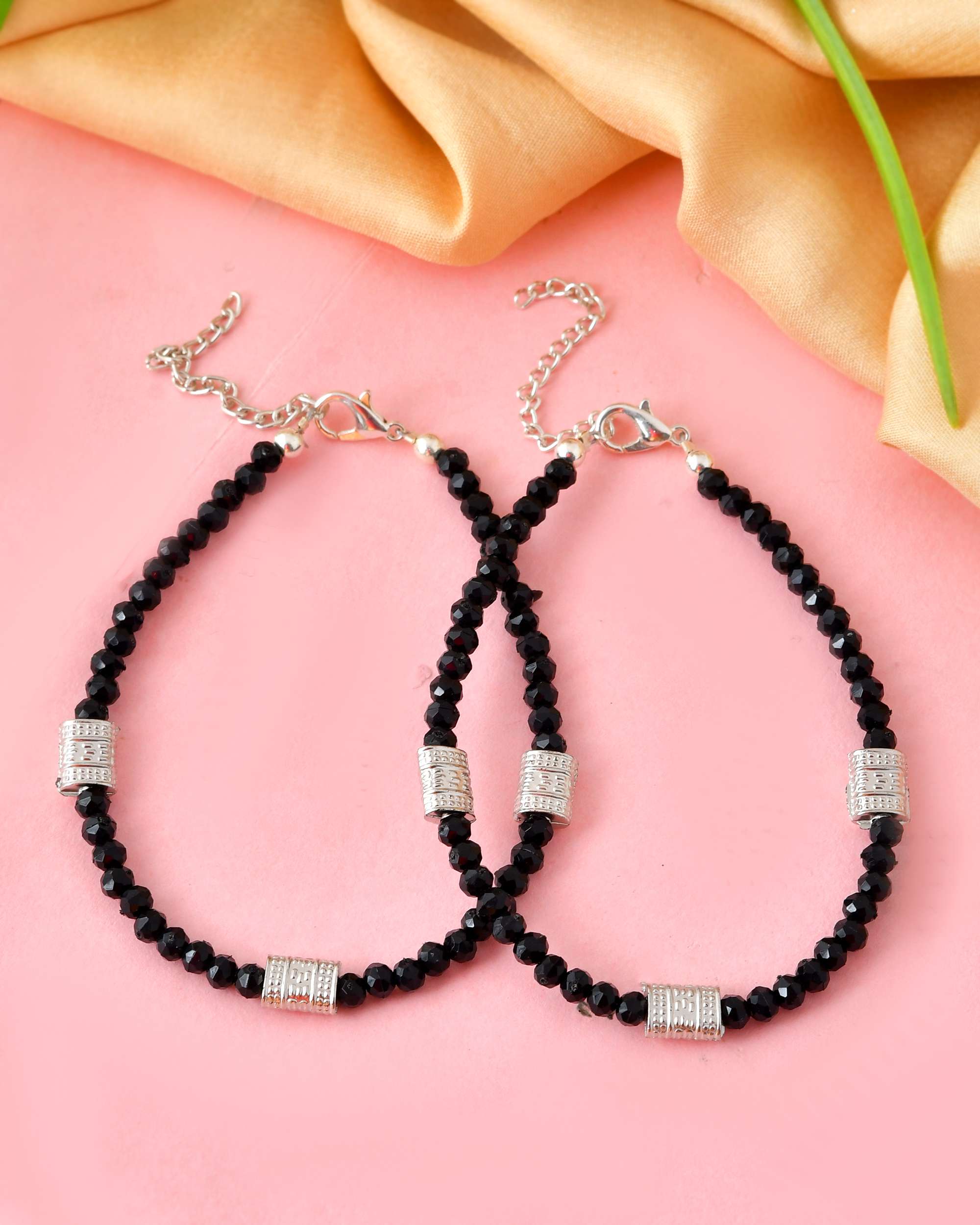 Jewels Nest Set of 2 Silver-Plated Anklets with Polished Black Beads and Barrel Charms