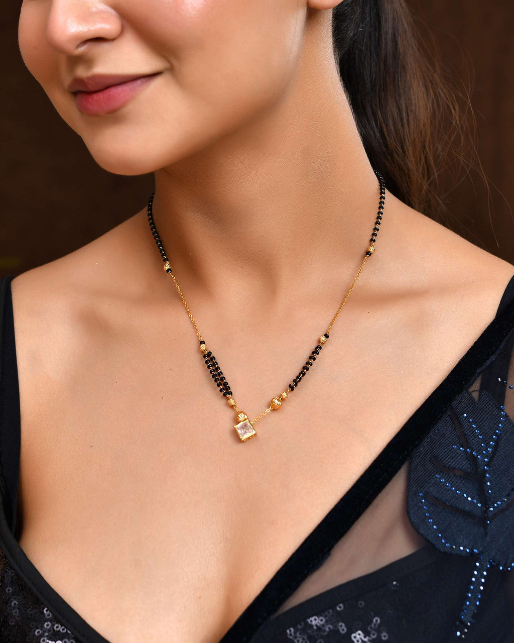 Jewels Nest Traditional Black Beaded Mangalsutra with Geometric Stone Pendant