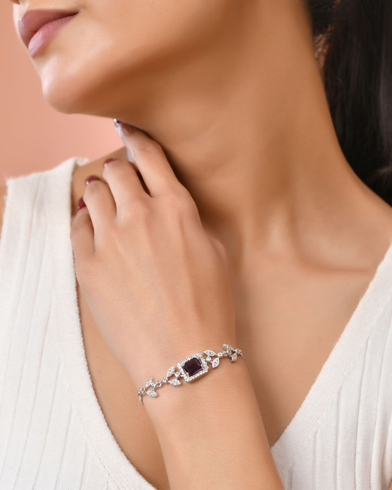 Jewels Nest Silver Plated Emerald Purple Stone Floral Bracelet | Grab2Buy