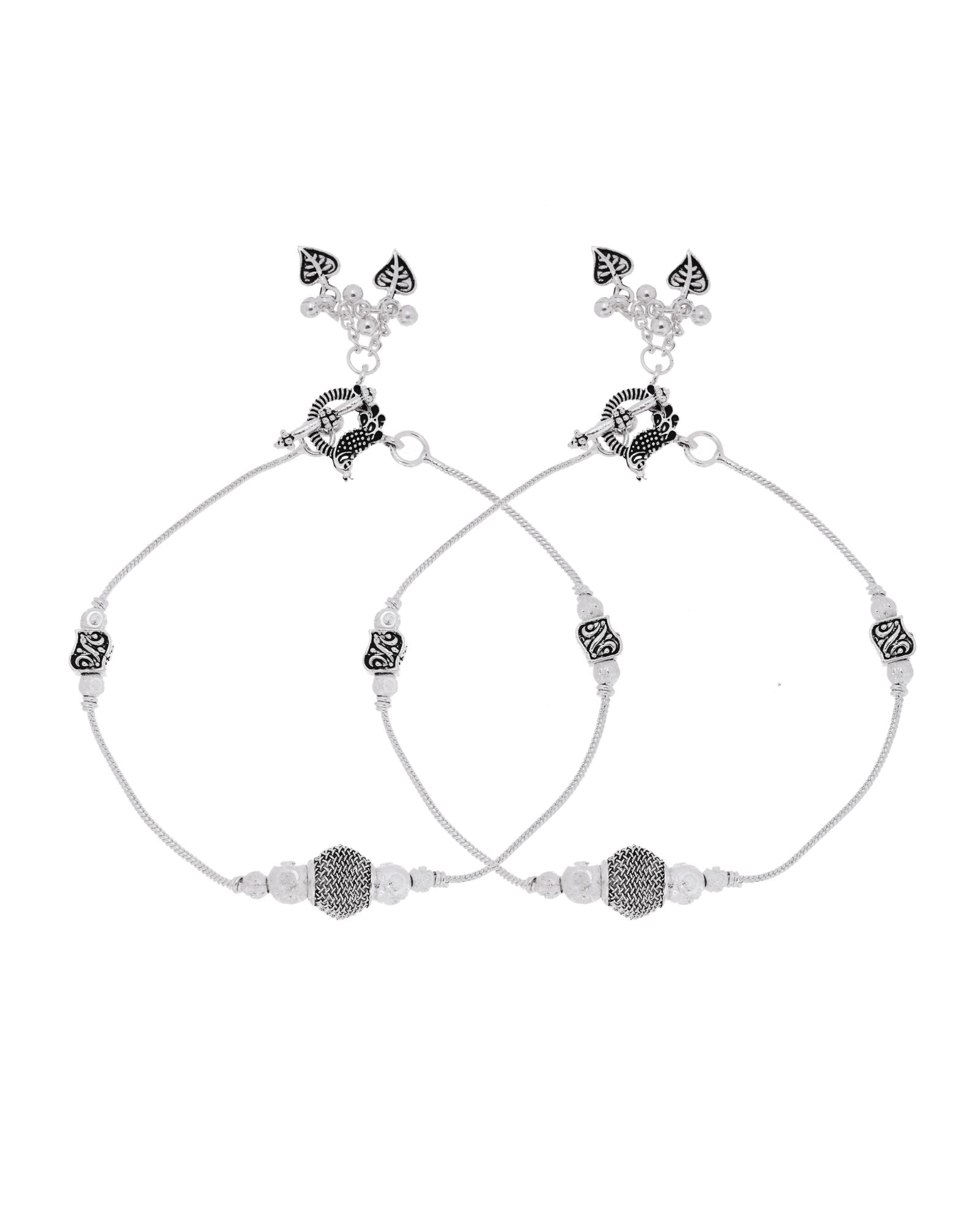 Jewels Nest Oxidised Silver Beaded Adjustable Anklet With Leaf Charm | Grab2Buy