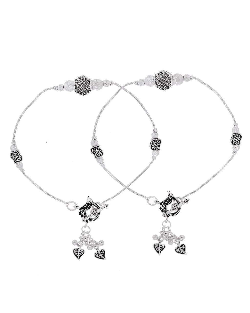 Jewels Nest Oxidised Silver Beaded Adjustable Anklet With Leaf Charm | Grab2Buy