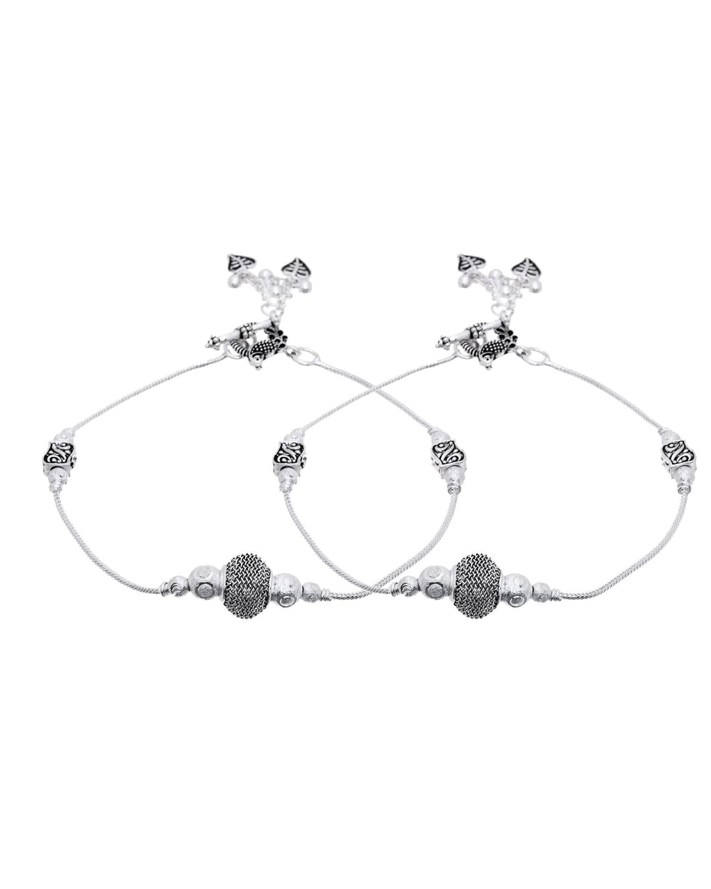 Jewels Nest Oxidised Silver Beaded Adjustable Anklet With Leaf Charm | Grab2Buy