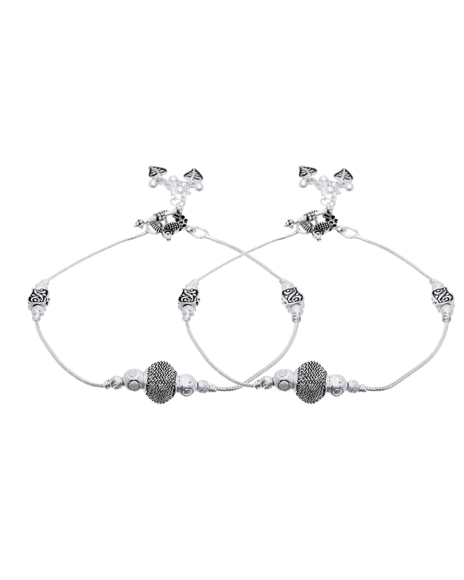 Jewels Nest Oxidised Silver Beaded Adjustable Anklet With Leaf Charm | Grab2Buy
