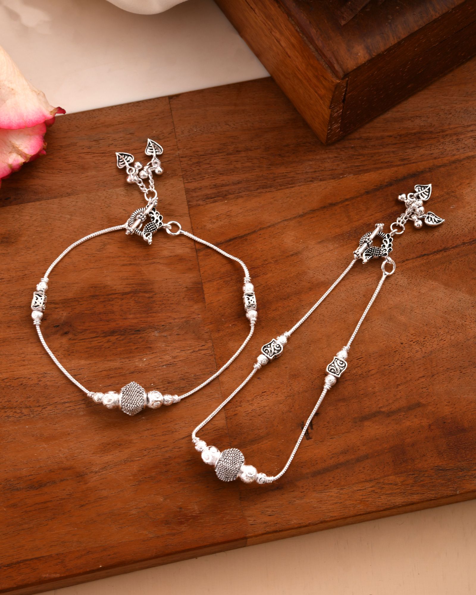 Jewels Nest Oxidised Silver Beaded Adjustable Anklet With Leaf Charm | Grab2Buy