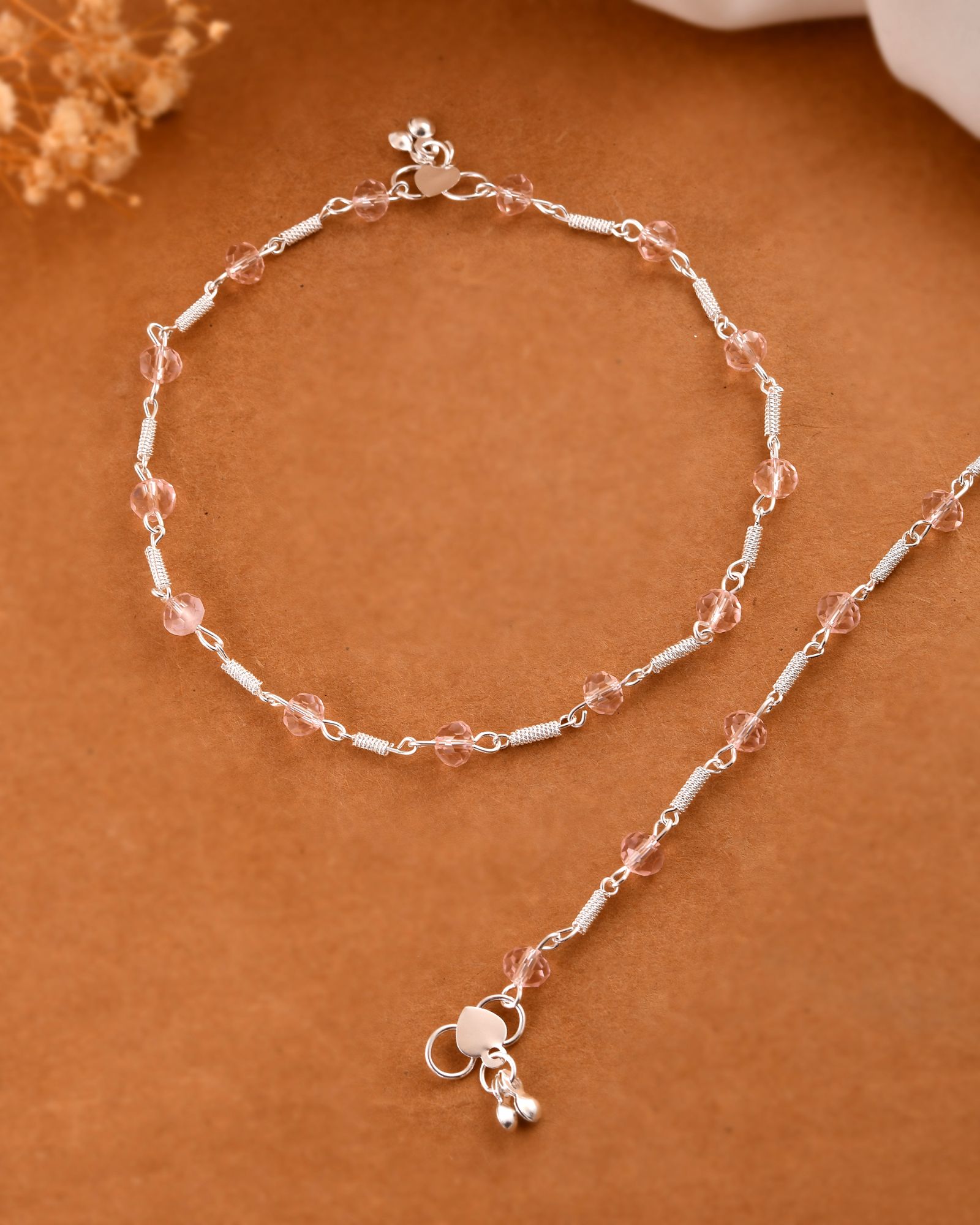 Jewels Nest Silver Plated Pink Crystal Beads Adjustable Anklet For Women | Grab2Buy