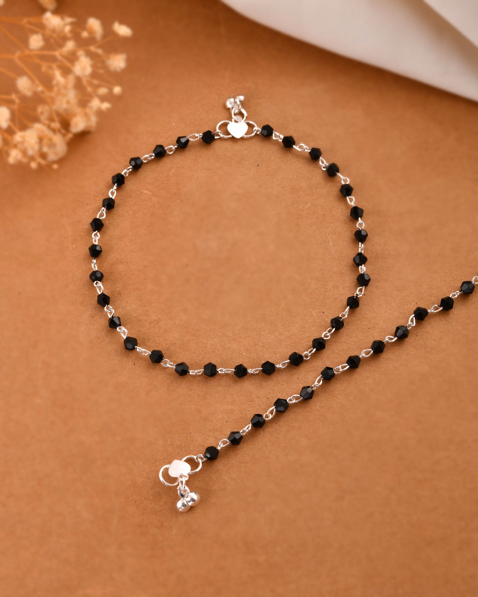 Jewels Nest Classic Black Bead Silver Anklet With Minimal Adjustable Design | Grab2Buy
