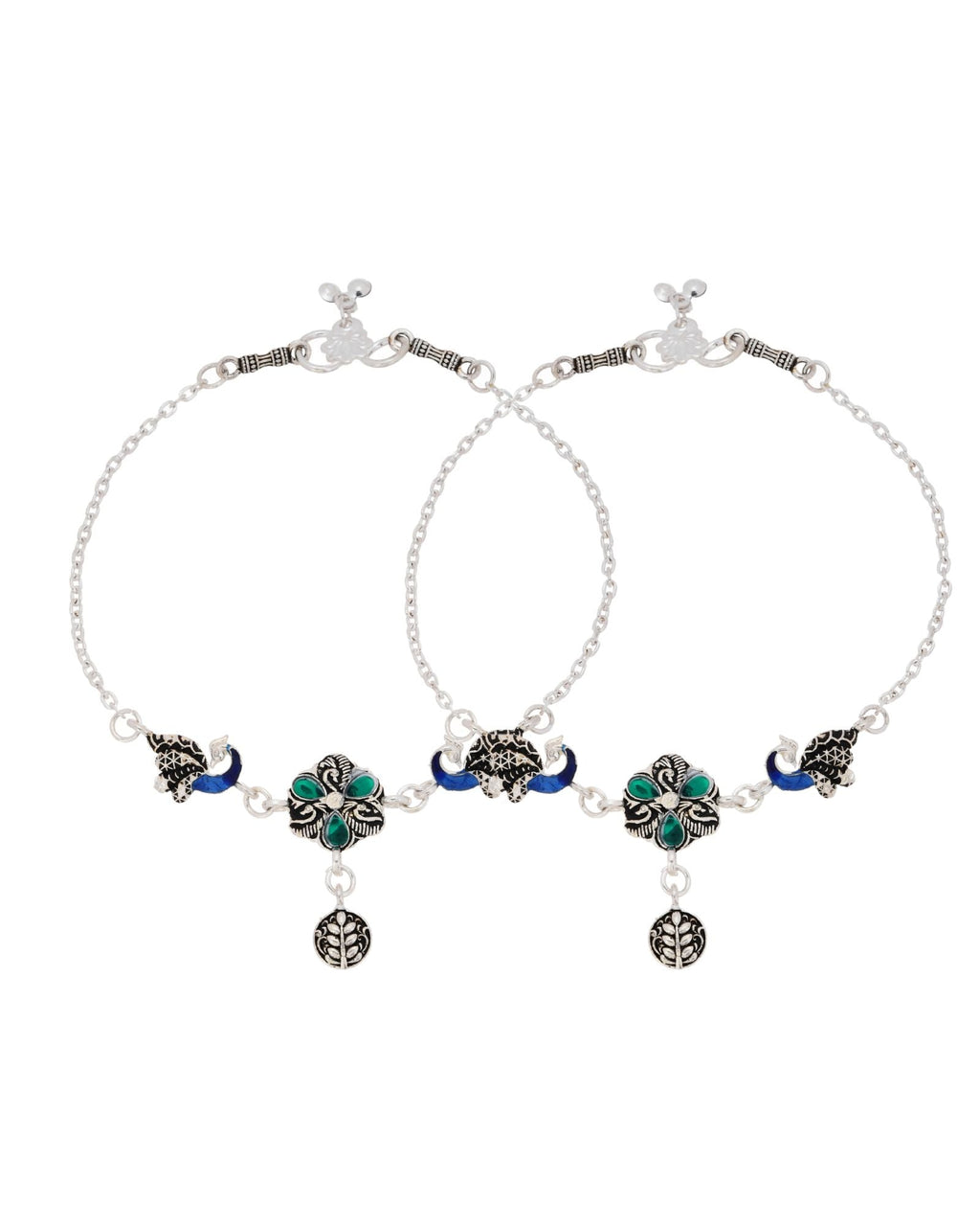 Jewels Nest Royal Peacock Charm Silver Anklet With Emerald Floral Centre And Leaf Drop | Grab2Buy