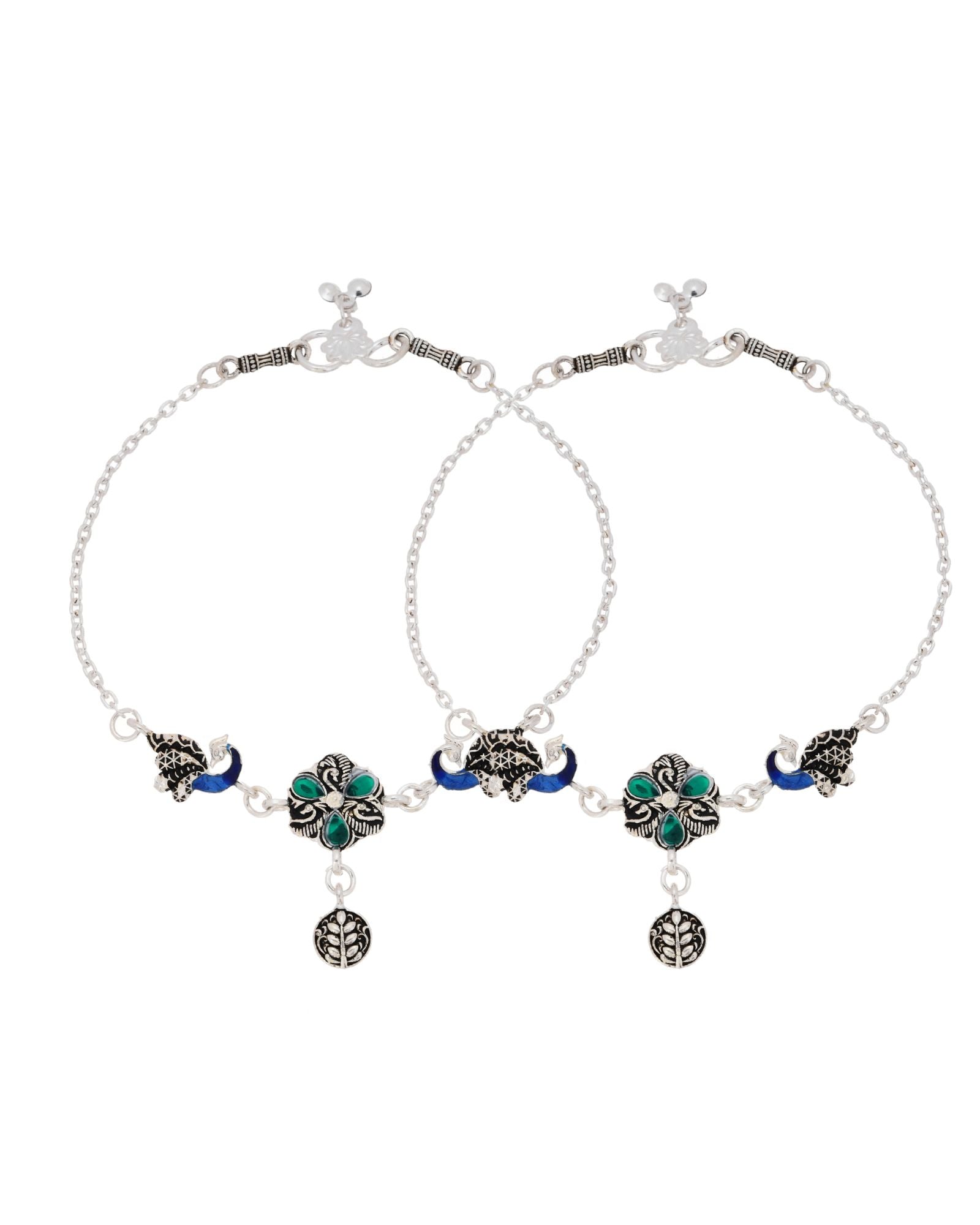 Jewels Nest Royal Peacock Charm Silver Anklet With Emerald Floral Centre And Leaf Drop | Grab2Buy