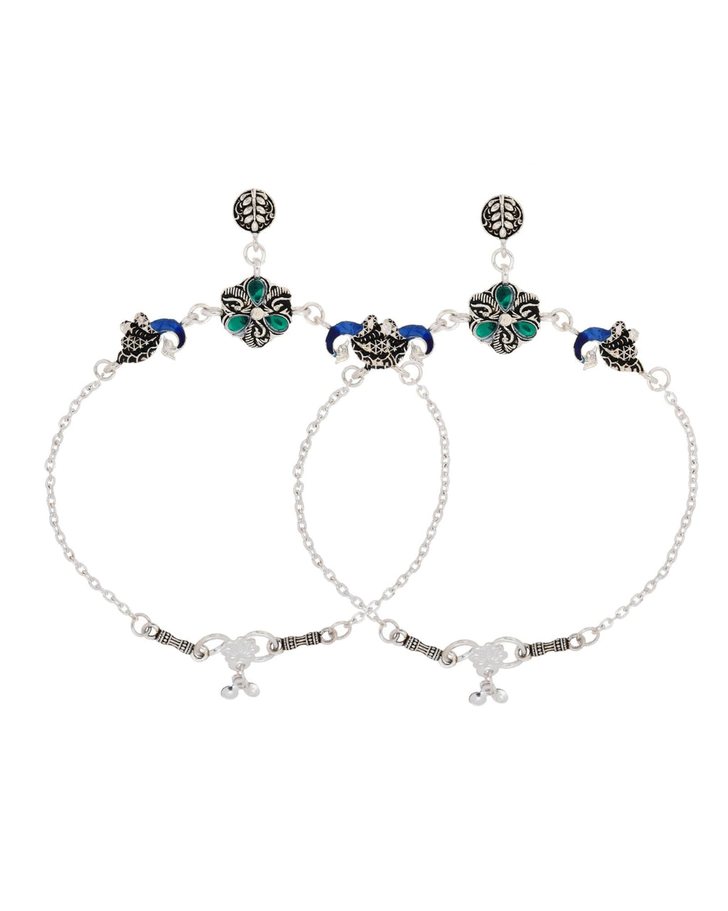 Jewels Nest Royal Peacock Charm Silver Anklet With Emerald Floral Centre And Leaf Drop | Grab2Buy