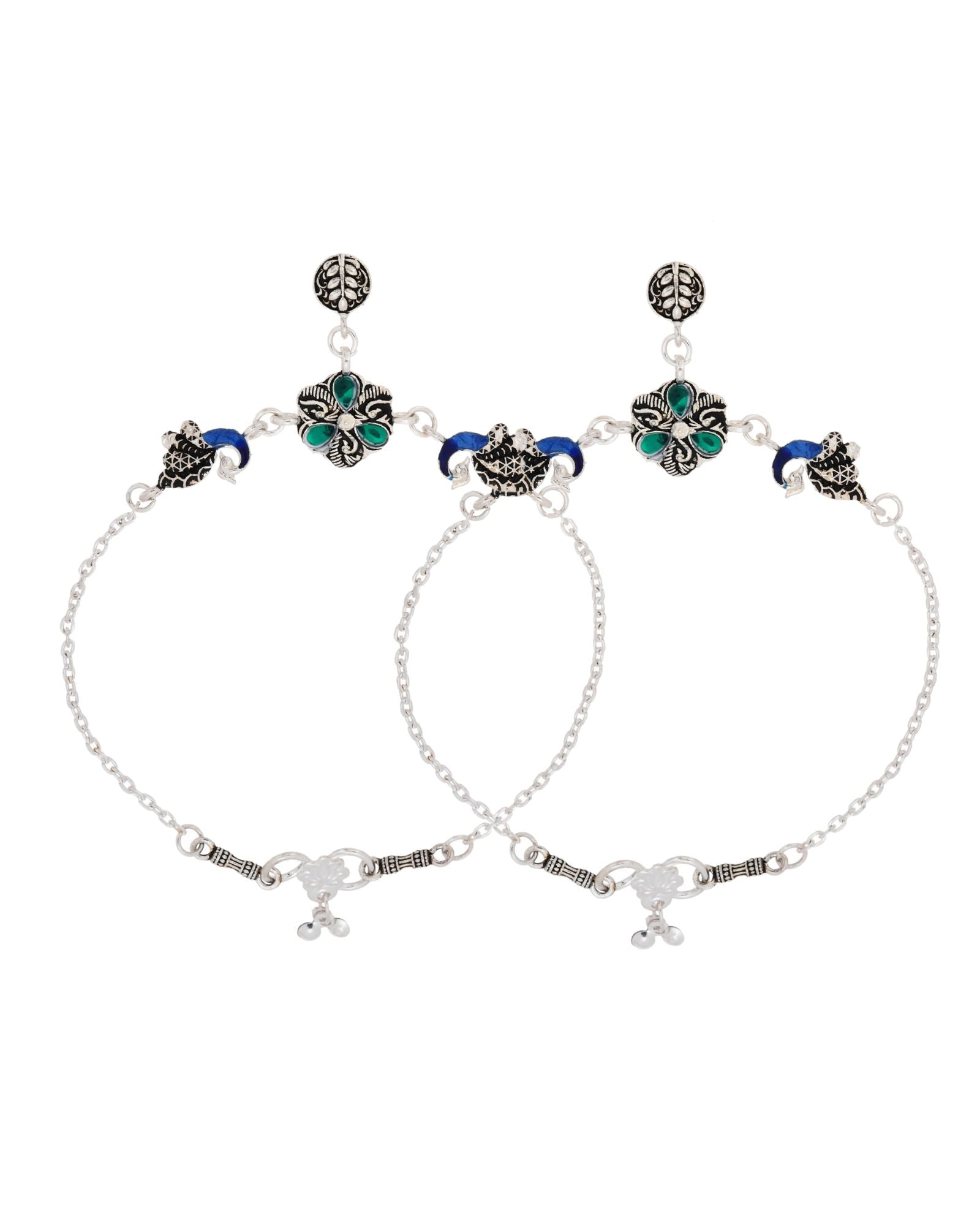 Jewels Nest Royal Peacock Charm Silver Anklet With Emerald Floral Centre And Leaf Drop | Grab2Buy