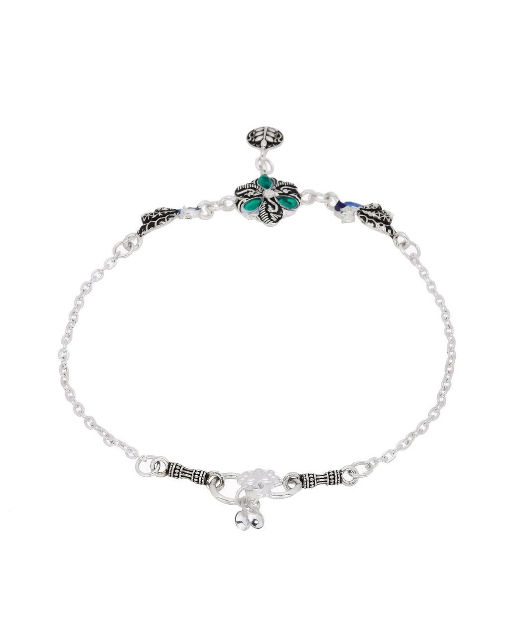 Jewels Nest Royal Peacock Charm Silver Anklet With Emerald Floral Centre And Leaf Drop | Grab2Buy