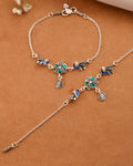 Jewels Nest Royal Peacock Charm Silver Anklet With Emerald Floral Centre And Leaf Drop | Grab2Buy