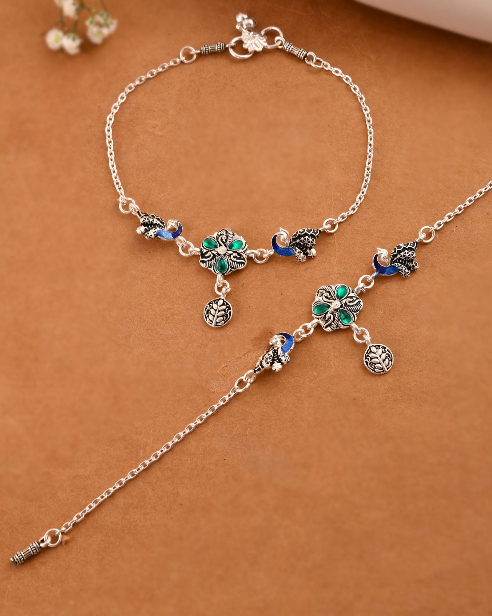 Jewels Nest Royal Peacock Charm Silver Anklet With Emerald Floral Centre And Leaf Drop | Grab2Buy