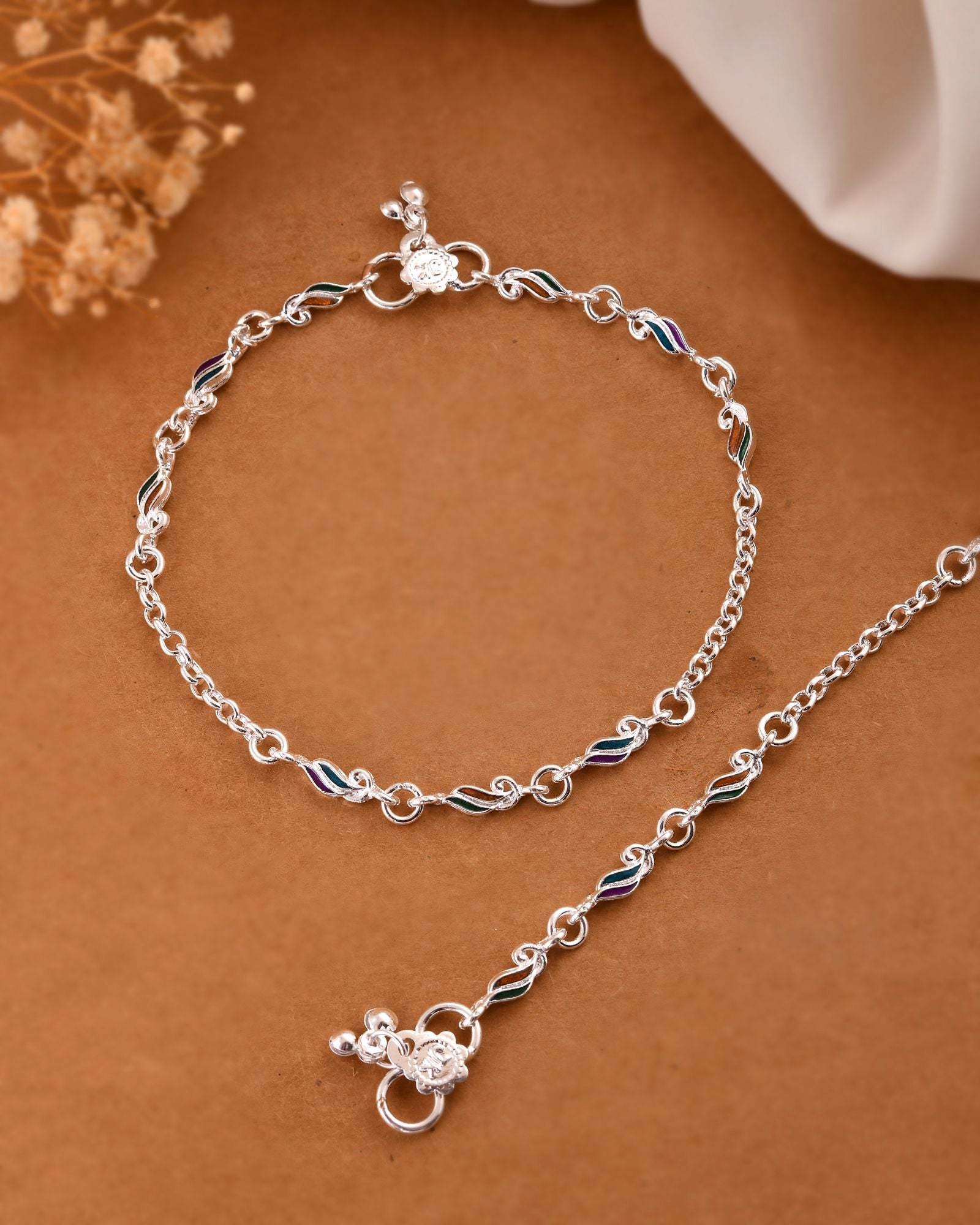 Jewels Nest Graceflow Silver Anklet With Multi Color Enamel Wave Links And Bell Finish | Grab2Buy