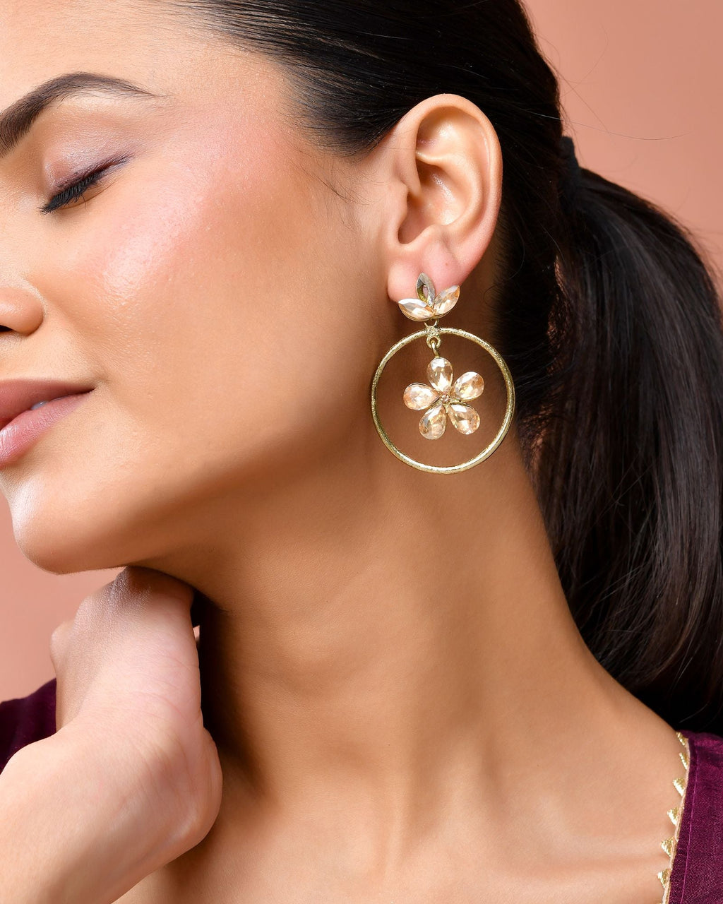 Jewels Nest Gold-Tone Champagne Crystal Floral Hoop Earrings For Women | Grab2Buy