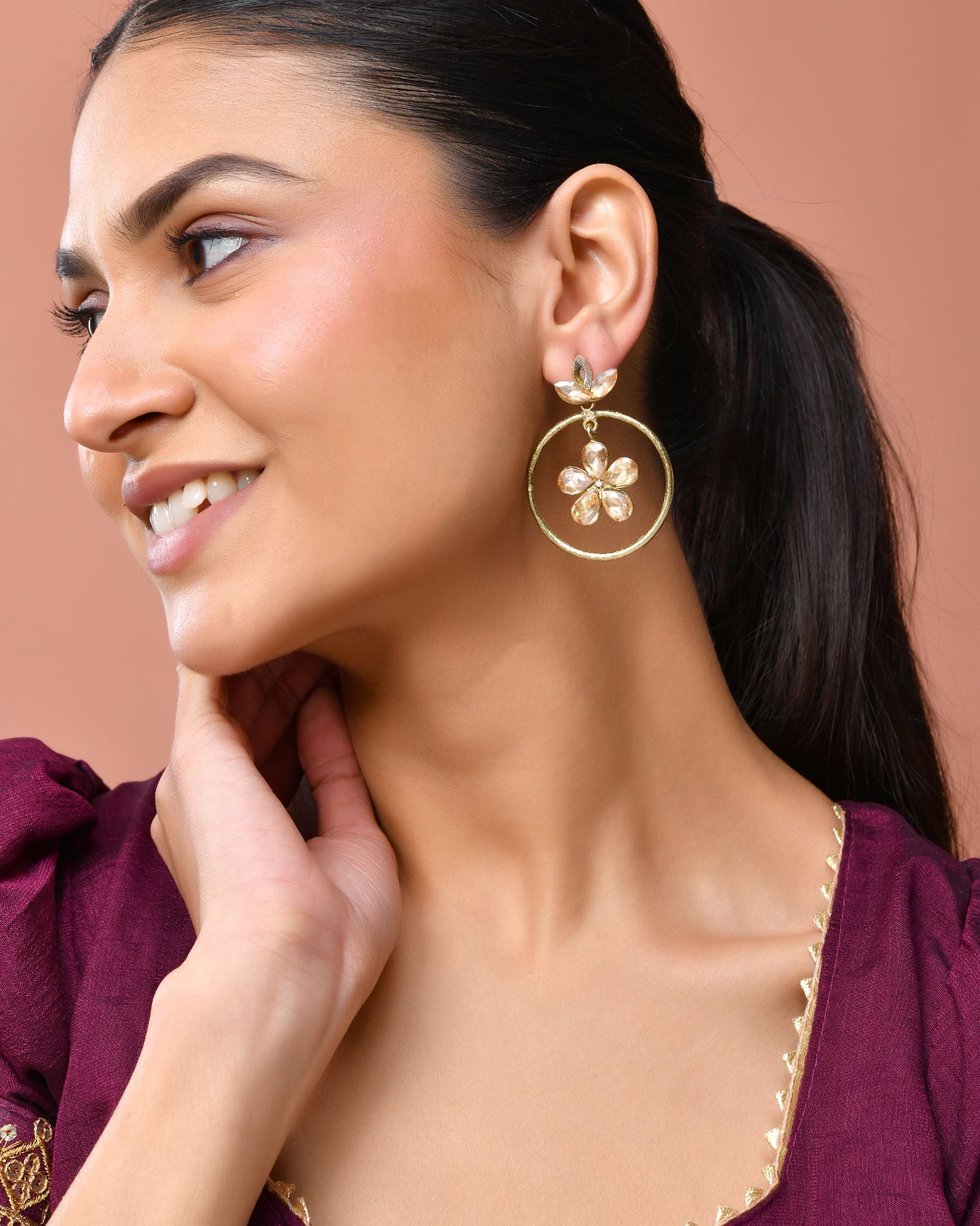 Jewels Nest Gold-Tone Champagne Crystal Floral Hoop Earrings For Women | Grab2Buy