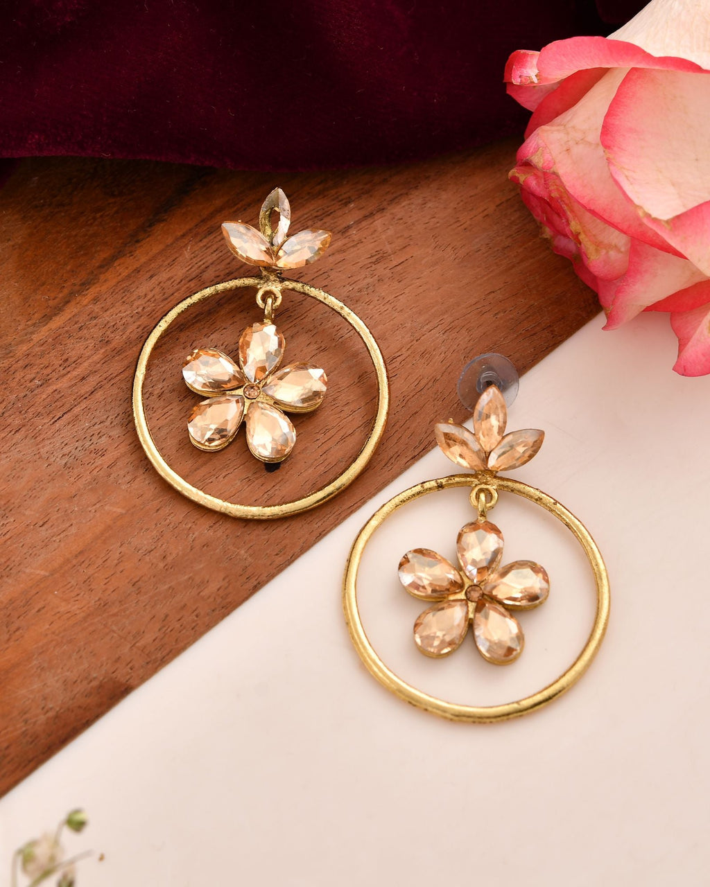 Jewels Nest Gold-Tone Champagne Crystal Floral Hoop Earrings For Women | Grab2Buy