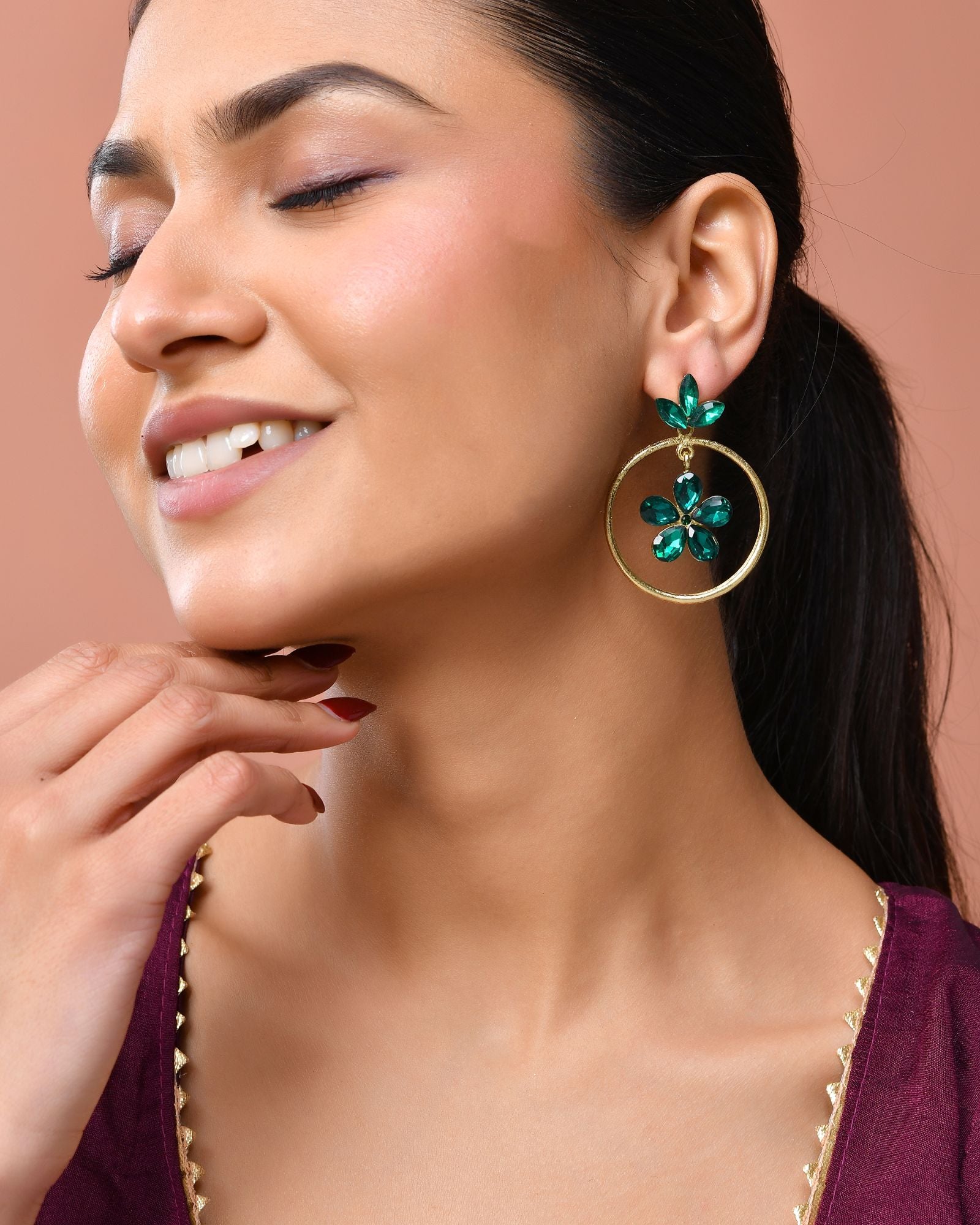 Jewels Nest Gold Tone Emerald Green Crystal Floral Hoop Earrings For Women | Grab2Buy