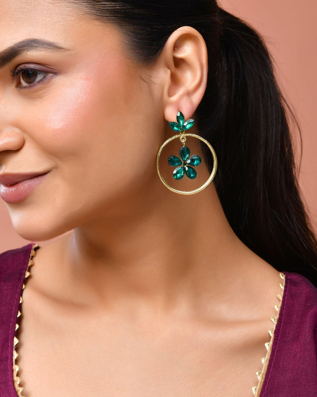 Jewels Nest Gold Tone Emerald Green Crystal Floral Hoop Earrings For Women | Grab2Buy