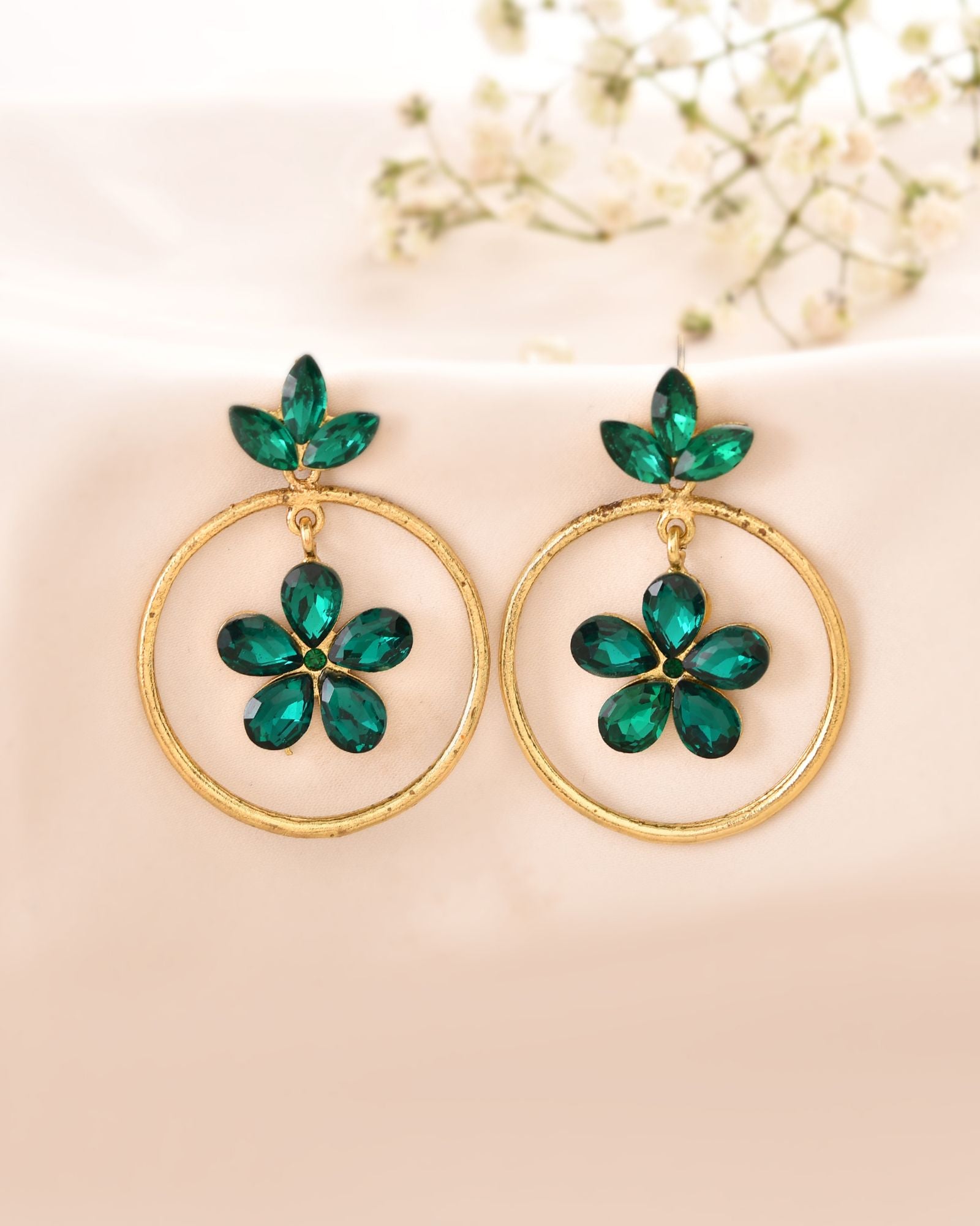Jewels Nest Gold Tone Emerald Green Crystal Floral Hoop Earrings For Women | Grab2Buy