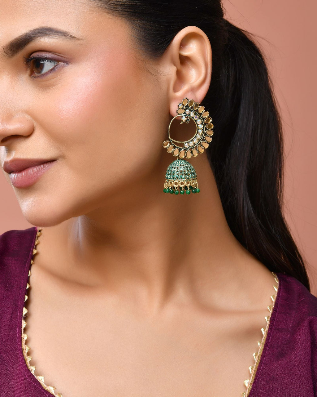 Jewels Nest Gold Plated Kundan Style Green Jhumka Earrings With Bead Drops For Women | Grab2Buy