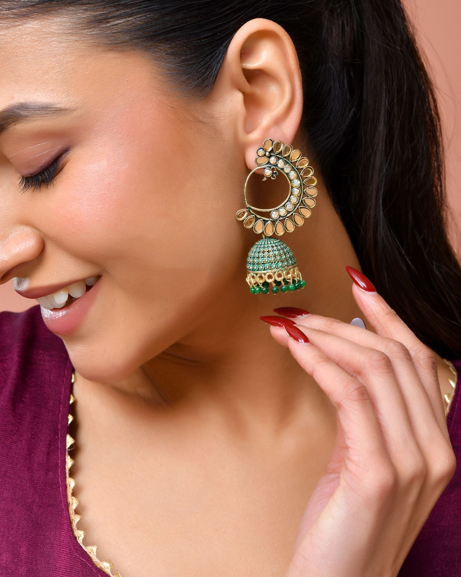 Jewels Nest Gold Plated Kundan Style Green Jhumka Earrings With Bead Drops For Women | Grab2Buy