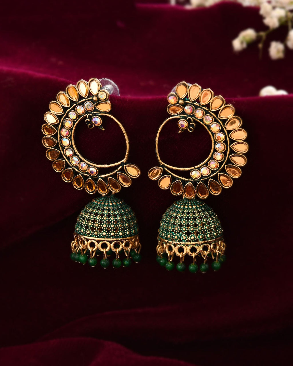 Jewels Nest Gold Plated Kundan Style Green Jhumka Earrings With Bead Drops For Women | Grab2Buy