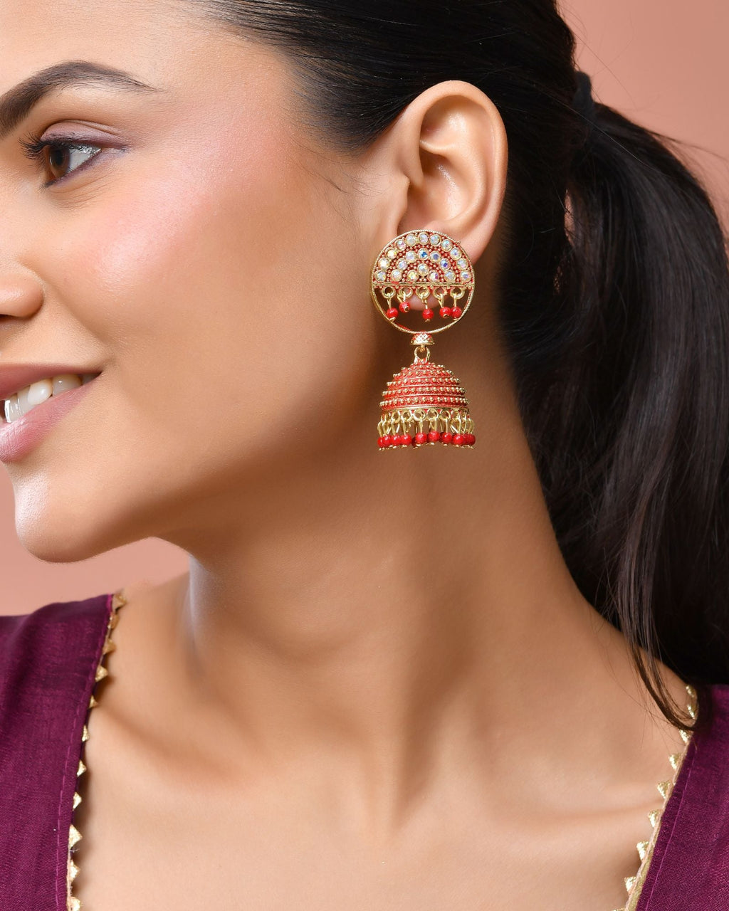 Jewels Nest Gold Plated Kundan Studded Red Bead Jhumka Earrings For Women | Grab2Buy